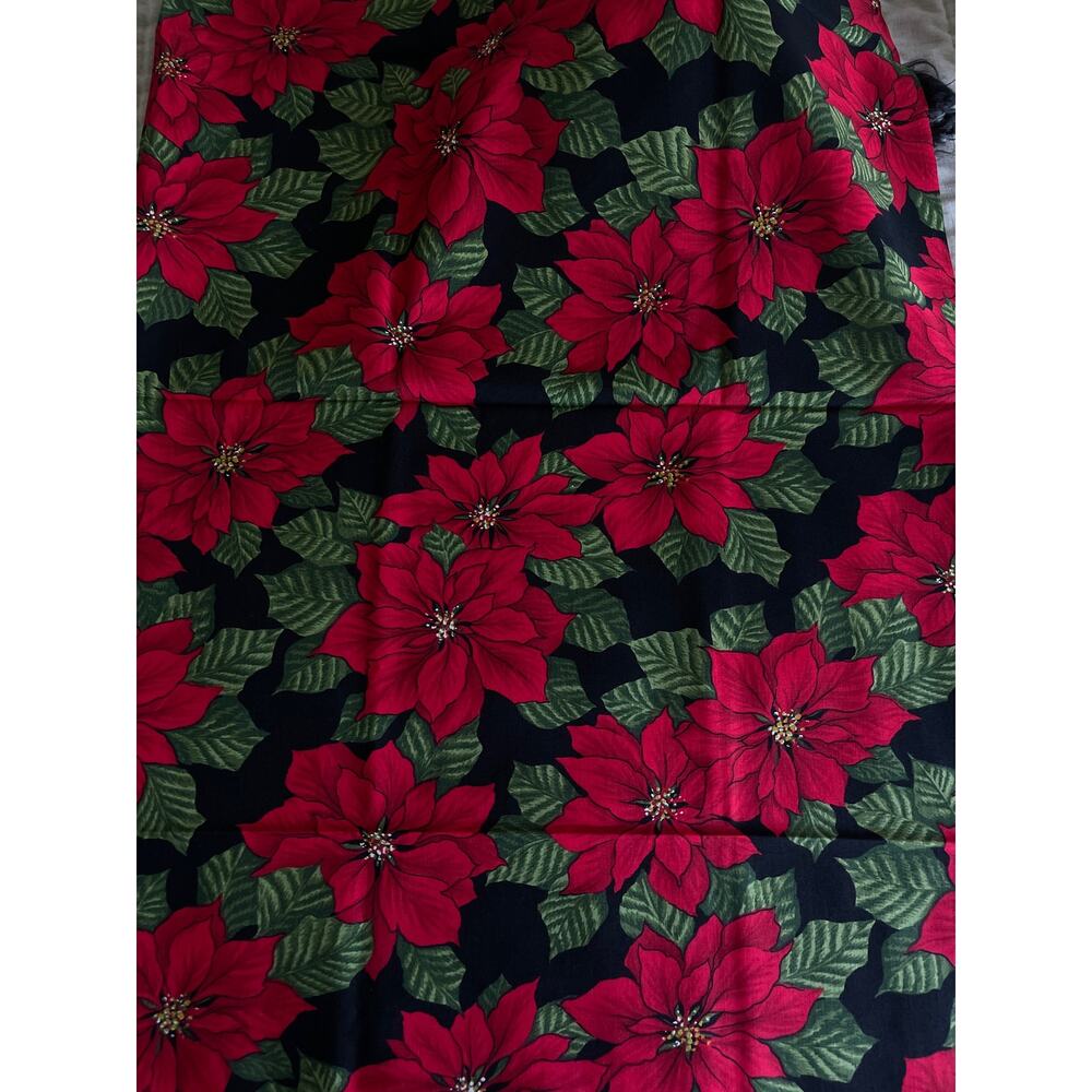 Fabric Cotton Christmas Holiday Poinsettia Floral Black Red